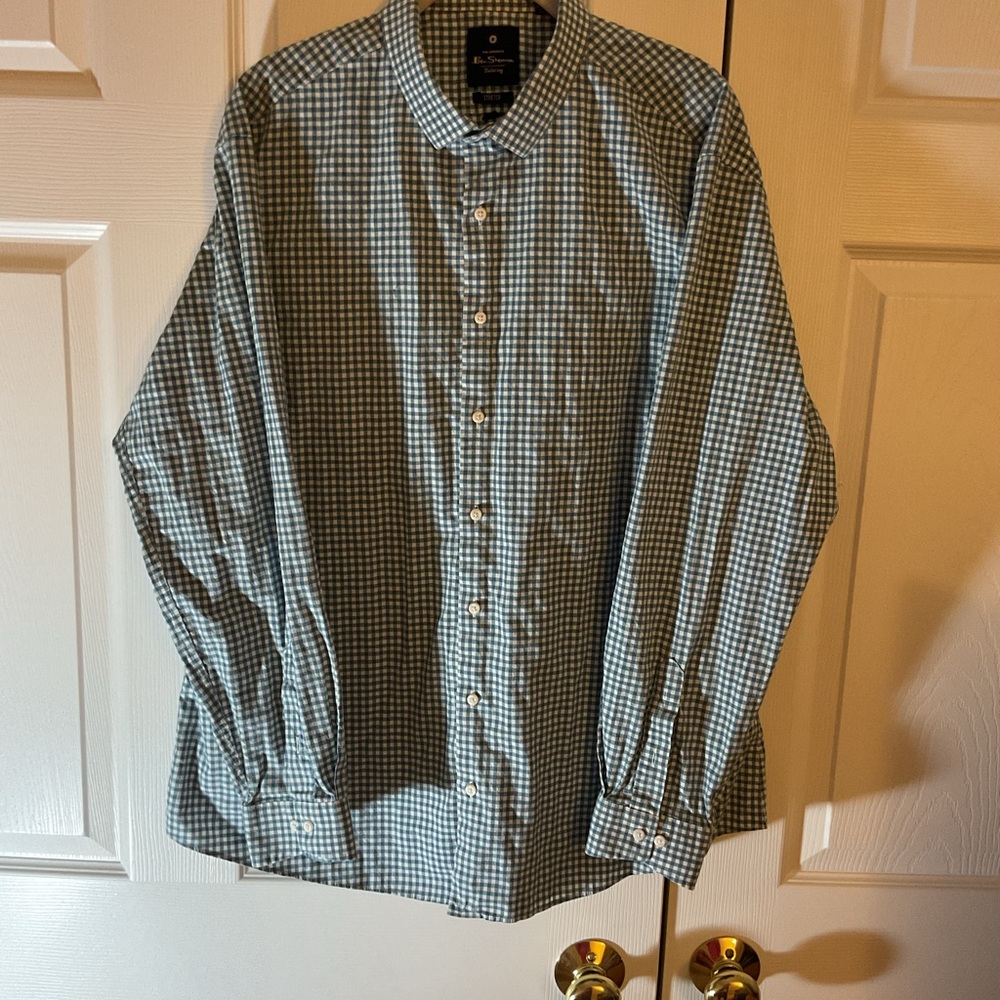 Ben Sherman Teal and White Checkered Button Down Long Sleeve Shirt